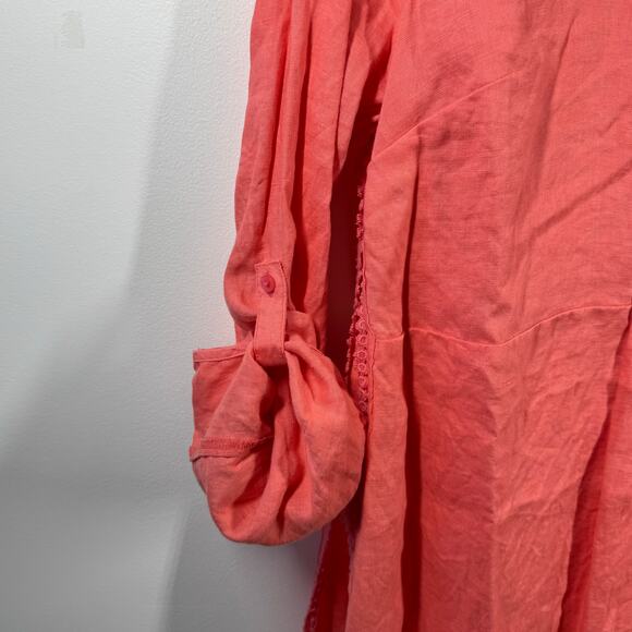 Crown & Ivy Top Women S Orange 100% Linen Roll Tab Sleeve Tunic Coastal Spring - Picture 3 of 8